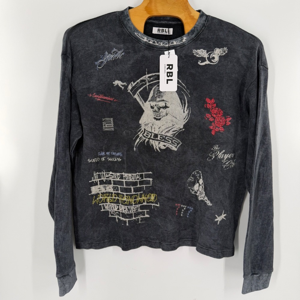 RBL by Rebel Minds Mens XL Waffle Knit Thermal Graphic Long Sleeve Shirt Grey